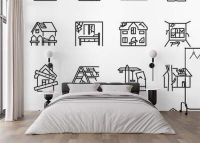 Monochrome old destroyed buildings set line icon vector illustration. Abandoned, broken house Wall mural