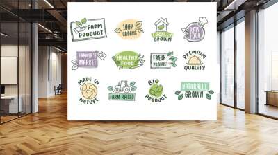 Natural product organic farm market fresh hand drawn sticker design template set vector flat Wall mural