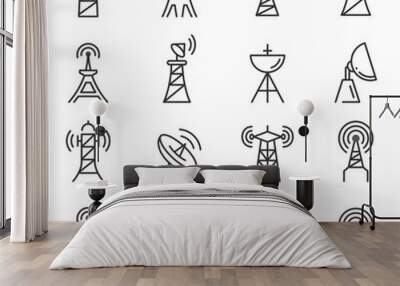 Radio towers, masts thin line icons set isolated on white. Satellite antenna, dish outline pictograms. Wall mural