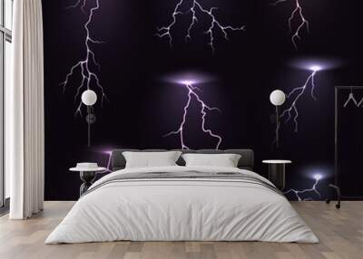 Realistic lightning set vector illustration night thunderstorm magic bright sky effect Wall mural