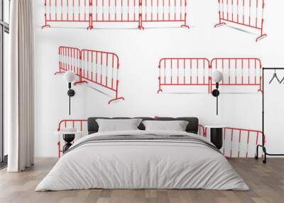 Road barrier linked by two or three elements red realistic constructions. Portable metal fence. Wall mural