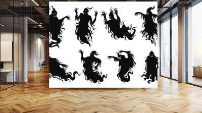 Set of silhouettes of scary ghosts vector flat illustration evil spirit black shadow Halloween demon Wall mural