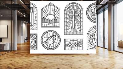 Stained glass windows monochrome line art set vector illustration. Medieval gothic cathedral Wall mural