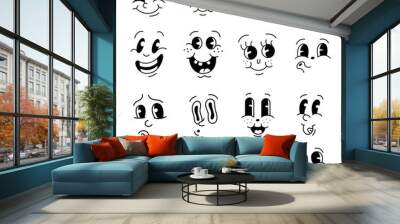 Vintage cartoon faces monochrome collection vector illustration. Retro funny characters comic smile Wall mural