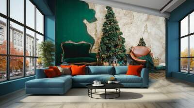 Living room in retro style with a Christmas decor. Christmas living room with sofa, Christmas tree and gifts. New year home interior background. Green, brown, golden color. Wall mural