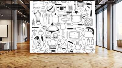 Cooking classes and Kitchen utensil set, cooking stuff for menu decoration. Vector collection of isolated objects. Icons in sketch style. Hand drawn kitchenware and cutlery on white background Wall mural