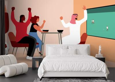 Arab football fans from Qatar, Flat vector stock illustration with multicultural societies during championship watch football on TV Wall mural