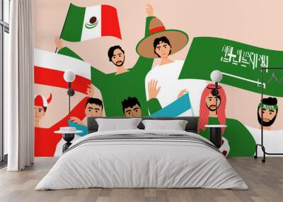 Football fans with flag of Argantin, Saudi Arabia, Mexico, Poland, flat vector stock illustration as concept of championship, games of group C Wall mural