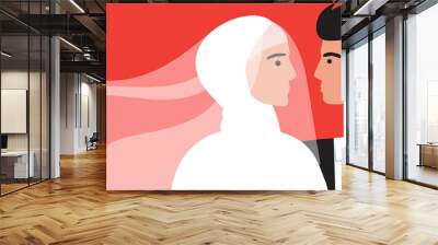 Islamic wedding, copy space template, flat vector stock illustration with wedding man and woman in hijab for culture Wall mural