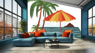 A beach scene with two orange chairs and an umbrella. The chairs are facing the ocean and the umbrella is providing shade. Scene is relaxed and peaceful Wall mural