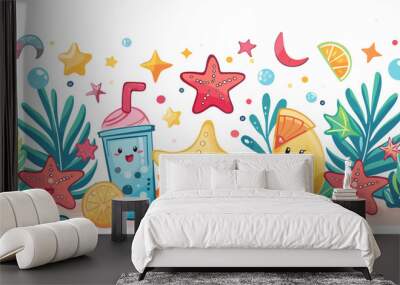 A cartoonish scene of a beach with a drink, a star, and an orange. The drink is a straw cup with a straw in it. The star is smiling and the orange is also smiling. The scene is bright and cheerful Wall mural