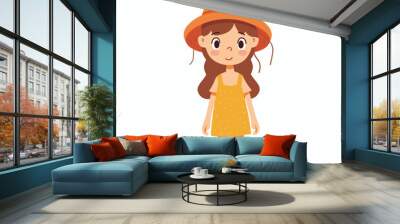 A girl wearing a yellow dress and a straw hat. She is smiling and looking at the camera Wall mural