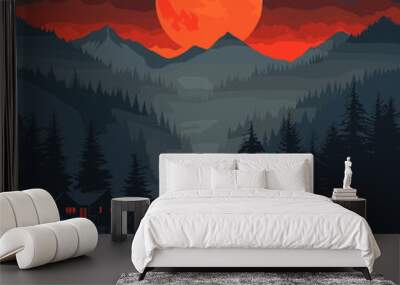 A large red moon is in the sky above a mountain range. The mountains are covered in trees and there are two small houses in the foreground. The scene is peaceful and serene, with the moon Wall mural