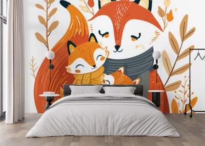 A mother fox is holding her two cubs. The cubs are sleeping and the mother is looking at them lovingly Wall mural