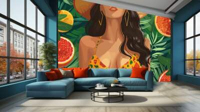 A woman in a yellow hat is walking through a jungle with oranges in the background. The painting has a tropical and exotic feel to it Wall mural