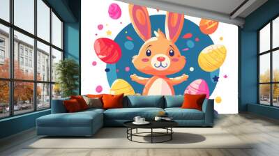 Cute Easter bunny with colorful eggs. Vector illustration in cartoon style Wall mural