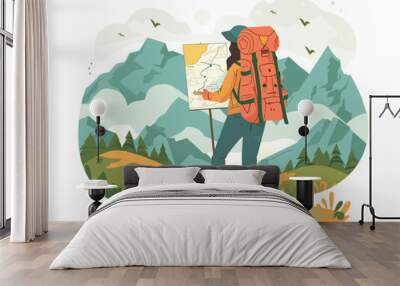 Hiking woman with backpack and map. Vector illustration in flat style Wall mural