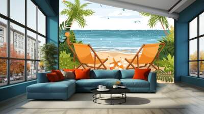 Two beach chairs are set up on the sand, with a life preserver nearby. The chairs are facing the ocean, and there are several birds flying in the background. Concept of relaxation and leisure Wall mural