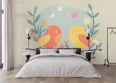 Vector illustration of a cute birds on a tree branch with flowers. Wall mural