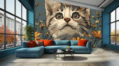 Vector illustration of a cute cat with flowers. Hand drawn style. print for printing on a t-shirt Wall mural