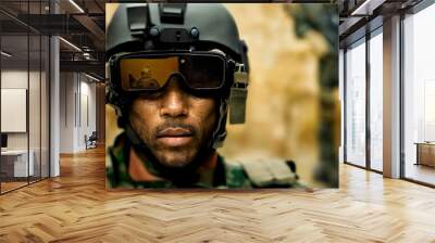 3D realistic render of portrait of an elite special forces soldier equipped with battle armor and an assault rifle in a combat zone. Wall mural