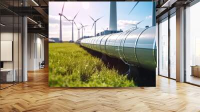 A hydrogen pipeline with wind turbines and in the background. Green hydrogen production concept Wall mural