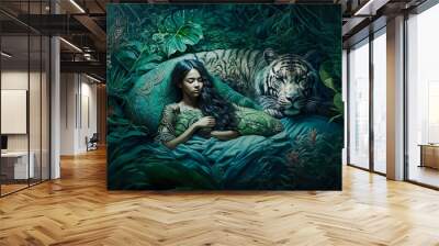 A sleeping girl in the dense jungle sees beautiful dreams, Majestic Tiger guards her dream. Sweet dreams concept. fantasy background. digital ai art Wall mural