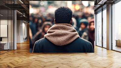 A young man stands in the middle of crowded street. Alone man standing still on a busy street with people walking past, digital ai Wall mural