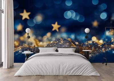 Abstract background with gold stars, particles and sparkling on navy blue. Christmas Golden light shine particles bokeh on navy blue background. 2024 New year background.  Gold foil texture.  Wall mural