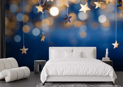 Abstract navy background and gold shine stars. New year, Christmas background with gold stars and sparkling. Christmas Golden light shine particles bokeh on navy background. Gold foil texture, ai Wall mural