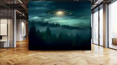 Alien spacecraft is hovering in mountains over the forest at night Wall mural