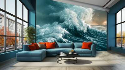 Apocalyptic dramatic background,  giant tsunami waves, dark stormy sky, Tornado. Huge waves Tsunami Big waves. 3d render
 Wall mural