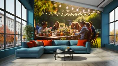 Autumn barbecue party with friends. Happy couple friends enjoying dinner, toasting wine glasses at summer table on house patio with string lights, digital ai
 Wall mural