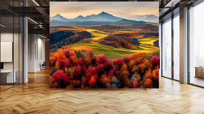 Beautiful panorama of mountains, autumn valley. Panoramic view of mountains in autumn day. Carpathian, Europe. Natural forest background panorama. Wall mural