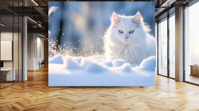 Beautiful white fluffy turkish angora cat on snow background
 Wall mural