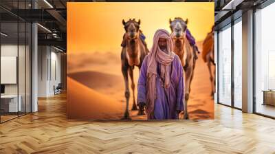 Berber man leading camel caravan at sunset. A man leads two camels through the desert. Man wearing traditional clothes on the desert sand, digital ai Wall mural