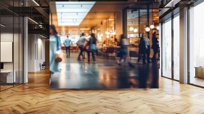 Blurred background of a modern shopping mall with some shoppers. Shoppers walking at shopping center, motion blur. Abstract motion blurred shoppers with shopping bags, ai Wall mural