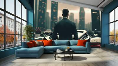 Businessman in suit standing by the modern supercar, Skyscrapers on background. Concept of a successful businessman, success. digital ai art	 Wall mural