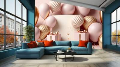 Celebration, festival background with helium balloons, gifts and confetti. holiday party invite.Greeting banner or poster with gold and pink realistic 3d flying balloons. Happy anniversary card Wall mural