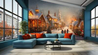 Christmas village with Snow in vintage style. Winter Village Landscape. Christmas Holidays. Christmas Card. 3d illustration
 Wall mural