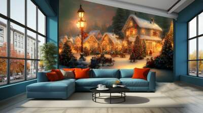 Christmas village with Snow in vintage style. Winter Village Landscape. Christmas Holidays. Christmas Card.  3d illustration Wall mural