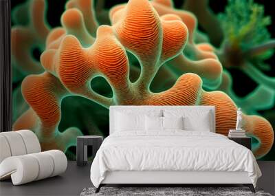 Coral reef colony. Beautiful Underwater background. Flower sea living coral and reef color under deep dark water of sea ocean environment. 3d rendering
 Wall mural