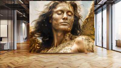 Dark Warrior angel in gold with massive wings. Fallen dark angel. digital ai art Wall mural