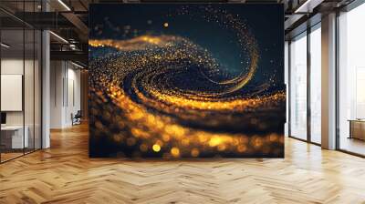 Digital Gold Particles Wave and light abstract background with shining floor particle stars dust. Futuristic glittering Luxury golden sparkling on black background.  Wall mural