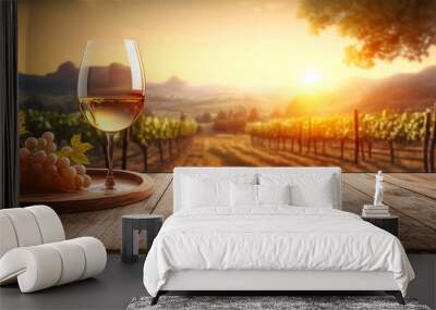 Empty wood table top with a glass of wine on blurred vineyard landscape background, for display or montage your products. Agriculture winery and wine tasting concept. digital art	 Wall mural