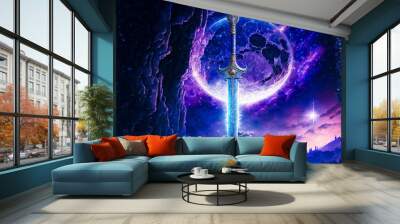 Fantasy background with a sword in a stone with light rays on the background of the moon and the castle.  An ancient and mythical sword set against a dramatic landscape.  Wall mural