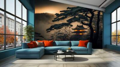 Fantasy background with mysterious ancient Chinese temple in mountains in the fog.  Buddhist temple in mountains Wall mural