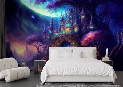 Fantasy enchanted fairy tale house or castle in magical forest with huge moon. digital art Wall mural