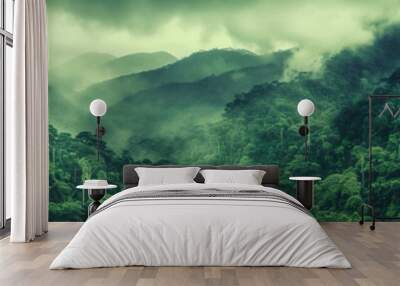 Foggy landscape in the jungle. Fog and cloud mountain tropic valley landscape. aerial view, wide misty panorama	 Wall mural