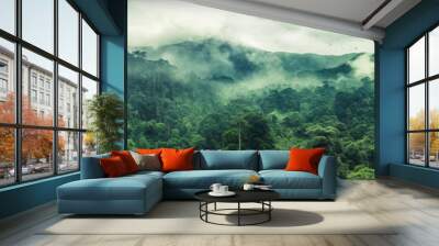 Foggy landscape in the jungle. Fog and cloud mountain tropic valley landscape. aerial view, wide misty panorama	 Wall mural